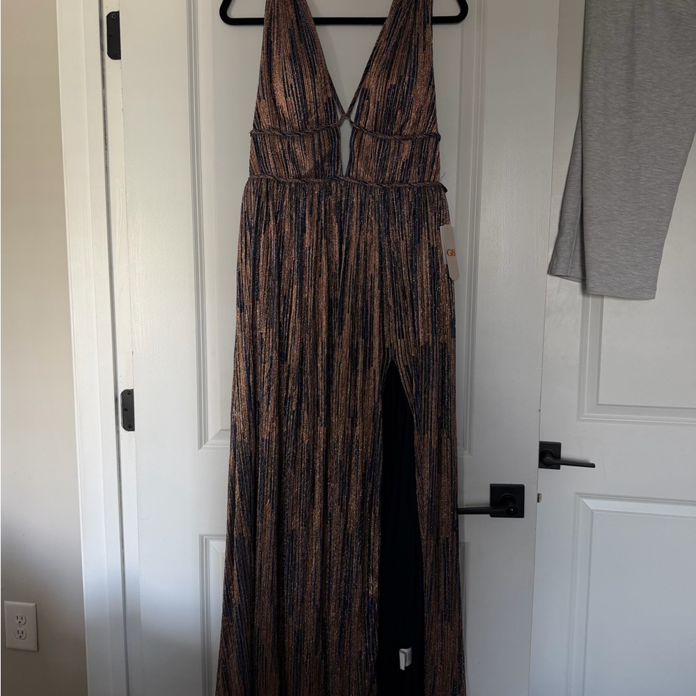 GB girls Navy Blue and Bronze Metallic Plunging Prom Dress